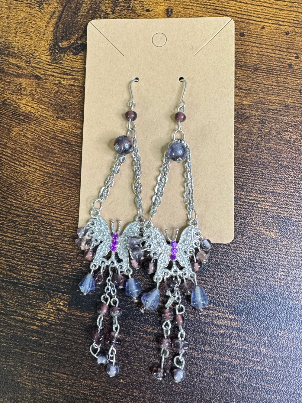 Hand Crafted Silver Tone Butterfly Dangle Earrings with Purple Beads